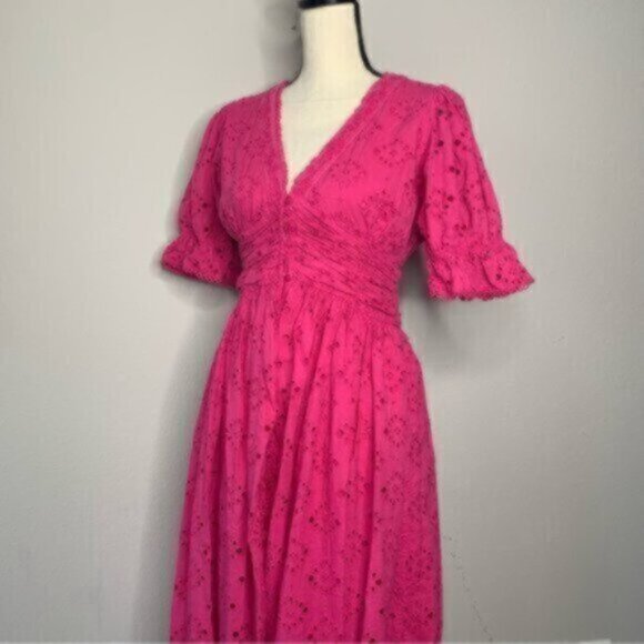 House Of Harlow V Neck Button Up Eyelet Midi Dress - Picture 9 of 15